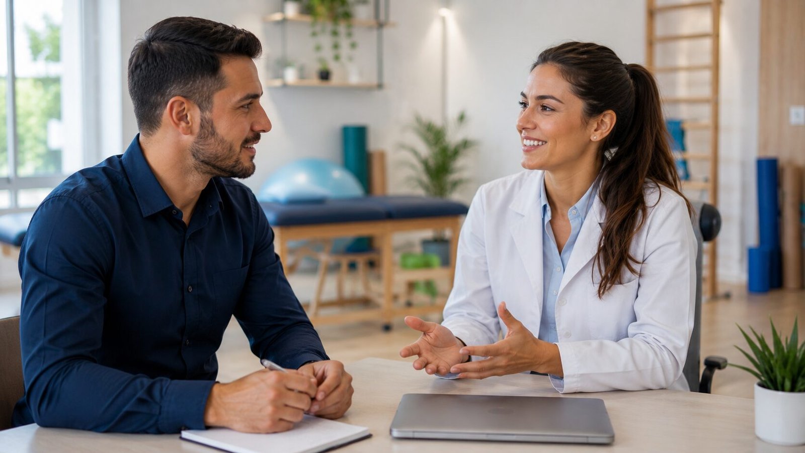 Fisioterapeuta em clínica moderna conversando com contador sobre a gestão da clínica