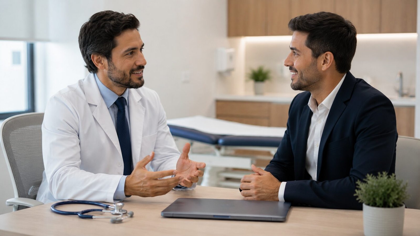 Médico de jaleco em consultório moderno em reunião sobre a contabilidade do consultório