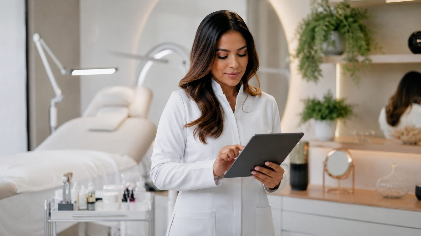 Micropigmentadora organizando o financeiro do estúdio de sobrancelhas em um tablet