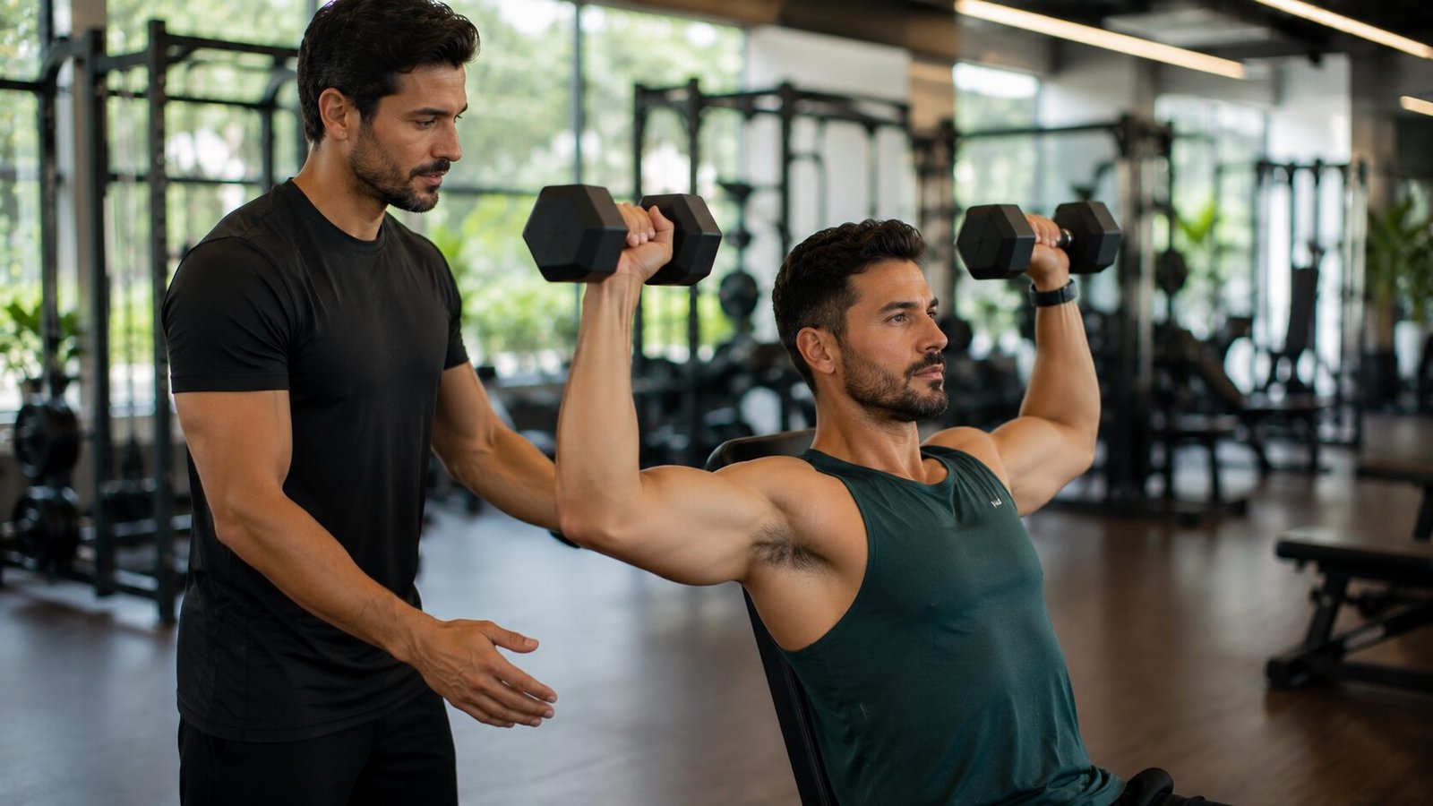 Personal trainer orientando aluno durante treino em academia moderna e bem-iluminada