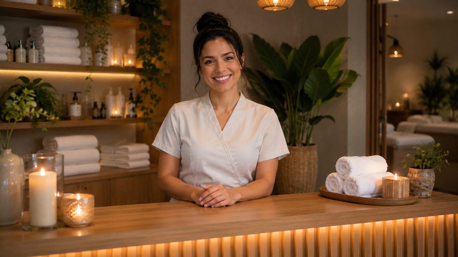 Recepção aconchegante de spa com recepcionista, velas, toalhas e plantas em ambiente sereno