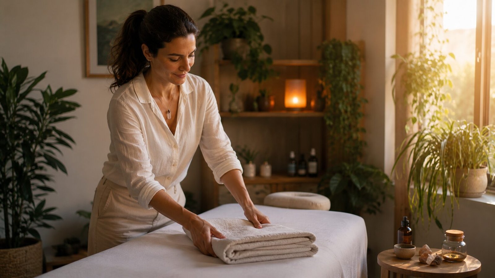 Terapeuta integrativa em sala acolhedora preparada para sessão de bem-estar
