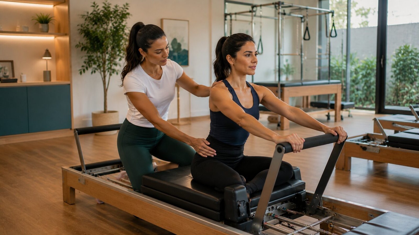 Instrutora conduzindo aula de pilates em estúdio sereno e bem-iluminado