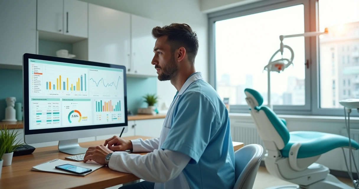 Dentista em consultório analisando planejamento financeiro no computador