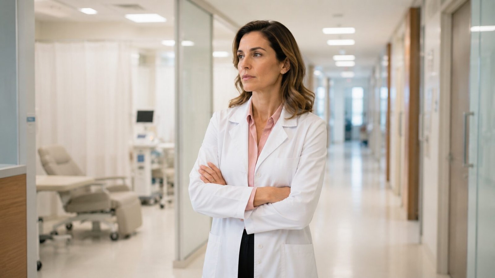 Médica em corredor de clínica refletindo sobre enquadramento tributário de serviços hospitalares