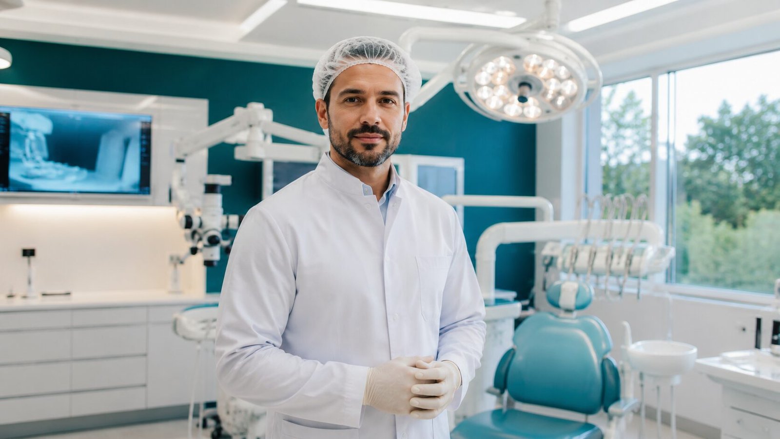 Dentista em centro cirúrgico odontológico moderno com estrutura ampla e equipada
