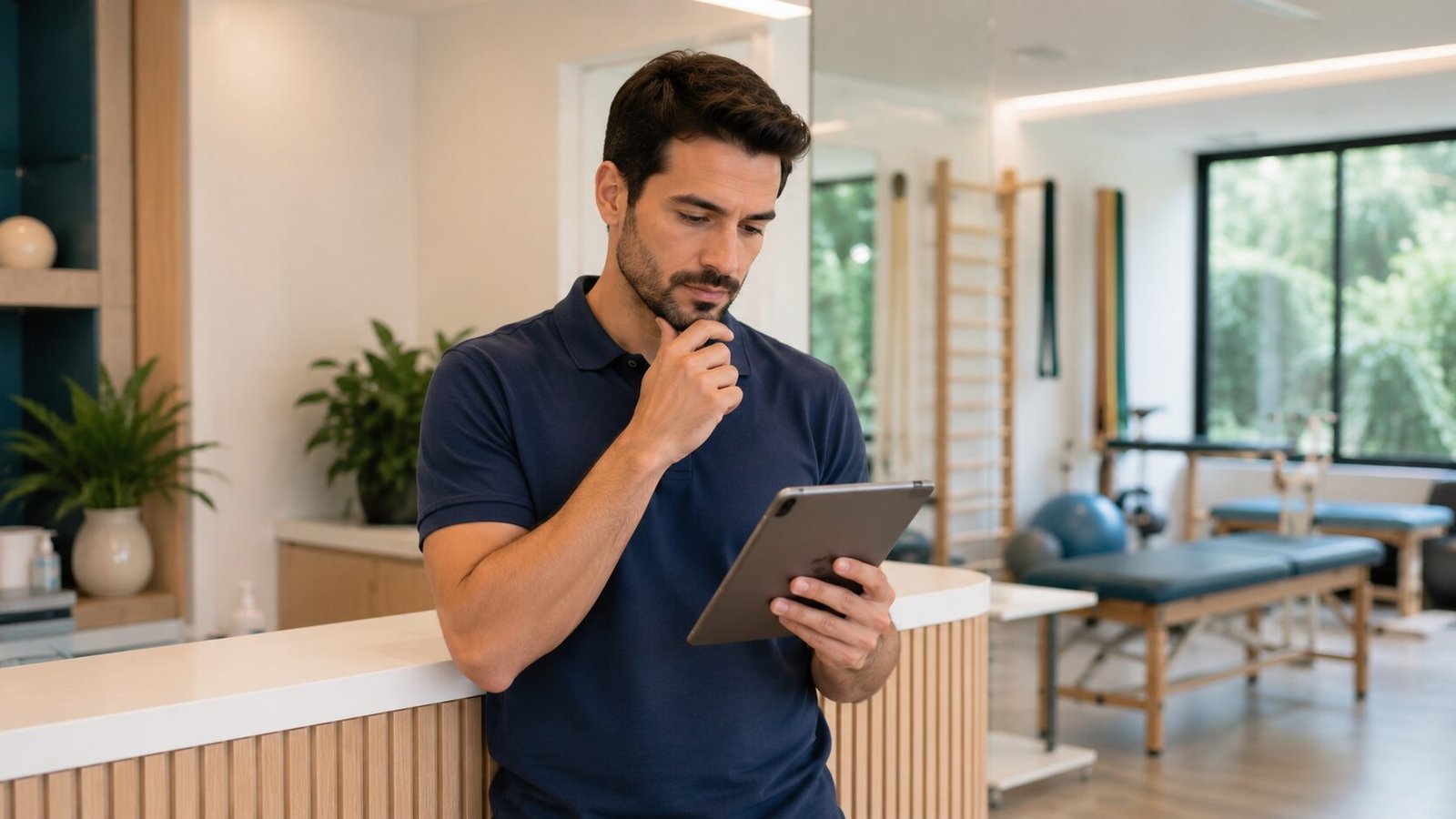 Fisioterapeuta analisando a folha de pagamento da clínica em tablet sobre balcão claro