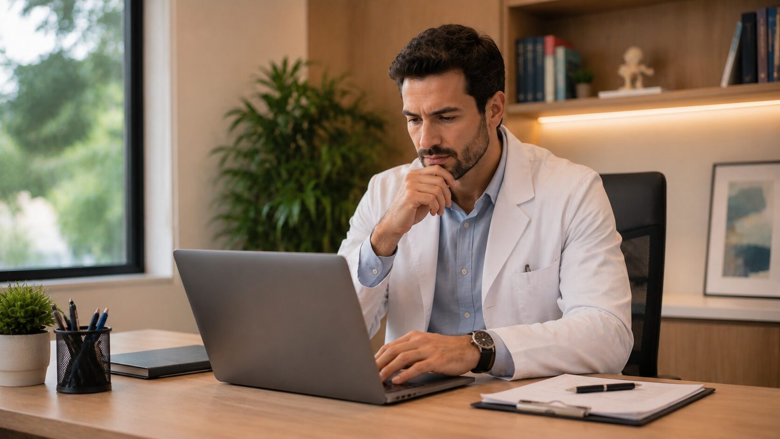 Médico em escritório do consultório revisando pró-labore e custos com pessoal em laptop