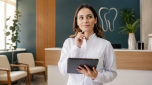 Dentista revisando custos da clínica em tablet, refletindo sobre economia de impostos