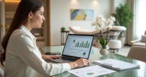Gestora de clínica de harmonização facial analisa projeções financeiras em sala moderna