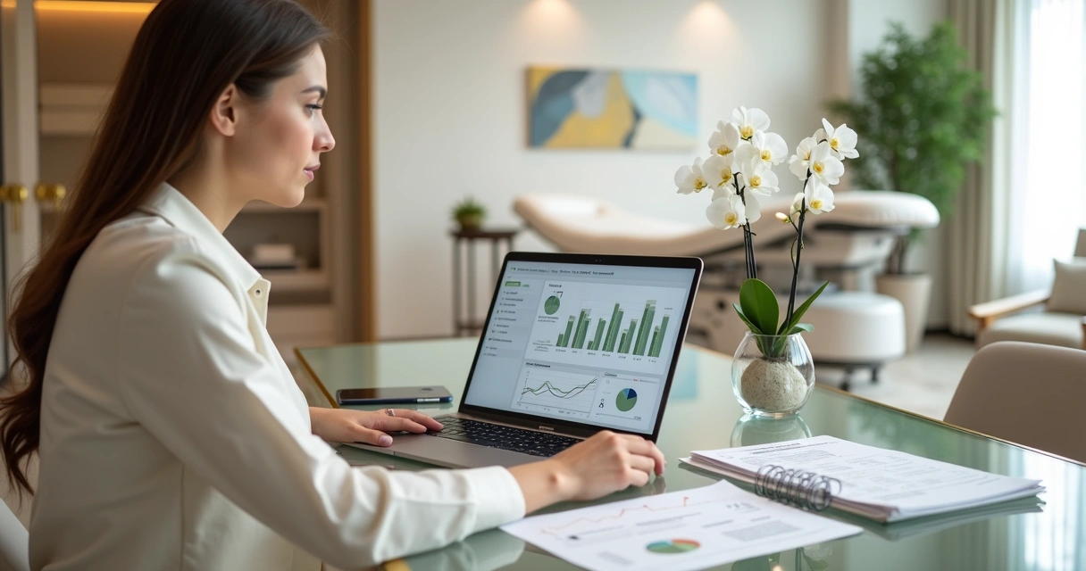Gestora de clínica de harmonização facial analisa projeções financeiras em sala moderna