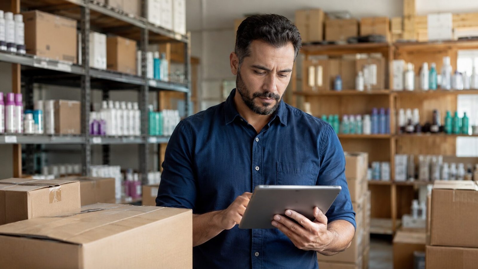 Distribuidor analisando custos de mercadoria em armazem de produtos de beleza