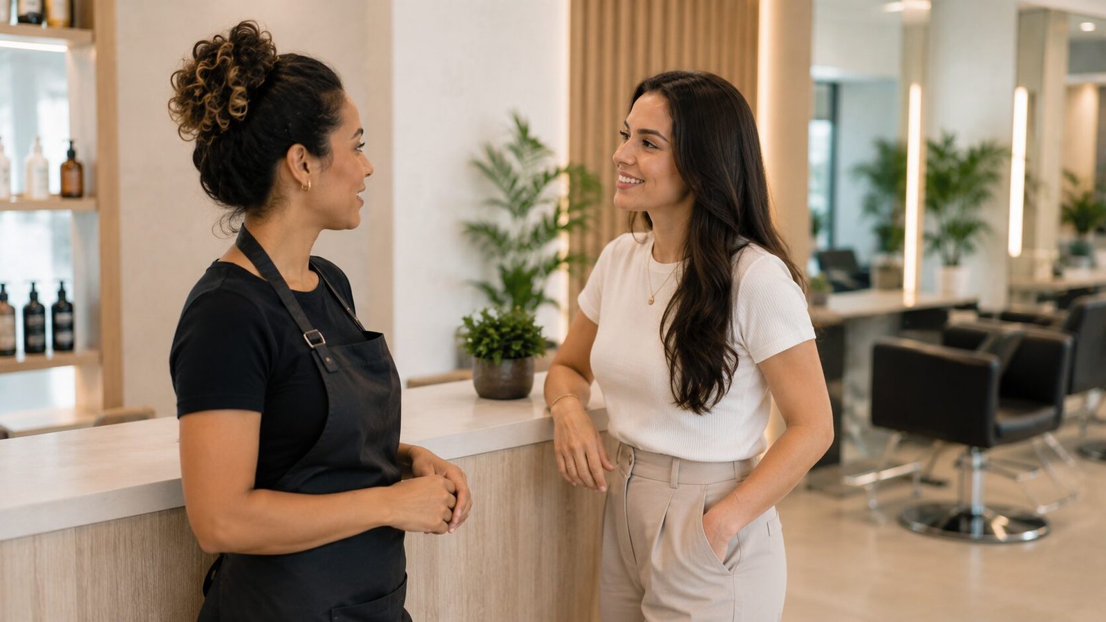 Dona de salão e cabeleireira parceira conversando em recepção moderna de salão de beleza