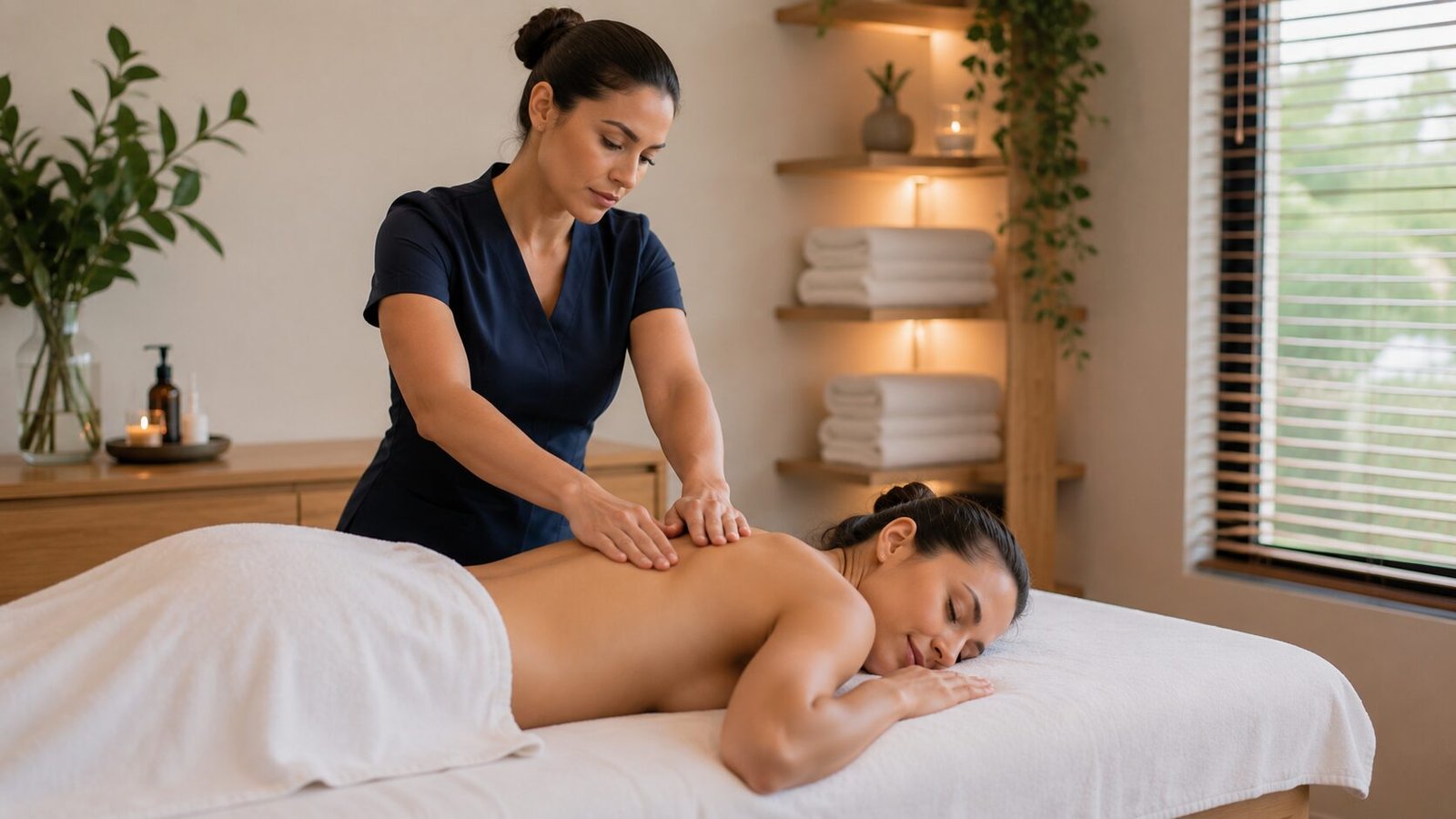 Massoterapeuta aplicando massagem em cliente em ambiente clean e relaxante
