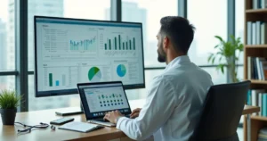 Médico em escritório moderno analisando planejamento financeiro da clínica em painel digital