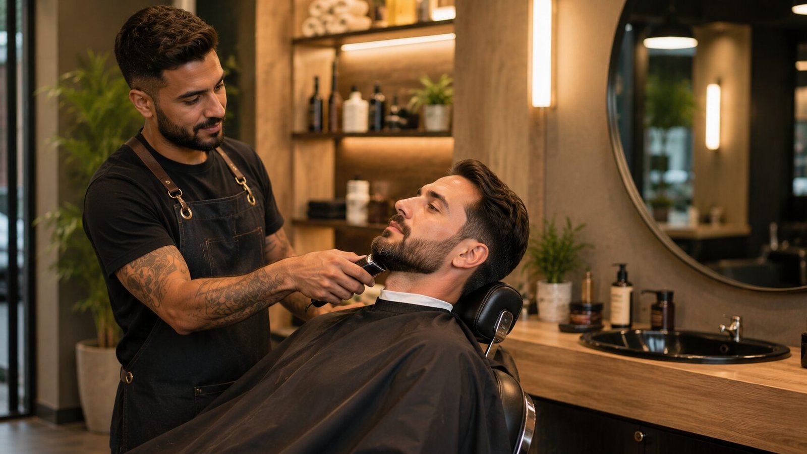 Barbeiro aparando a barba de um cliente em barbearia moderna e bem iluminada