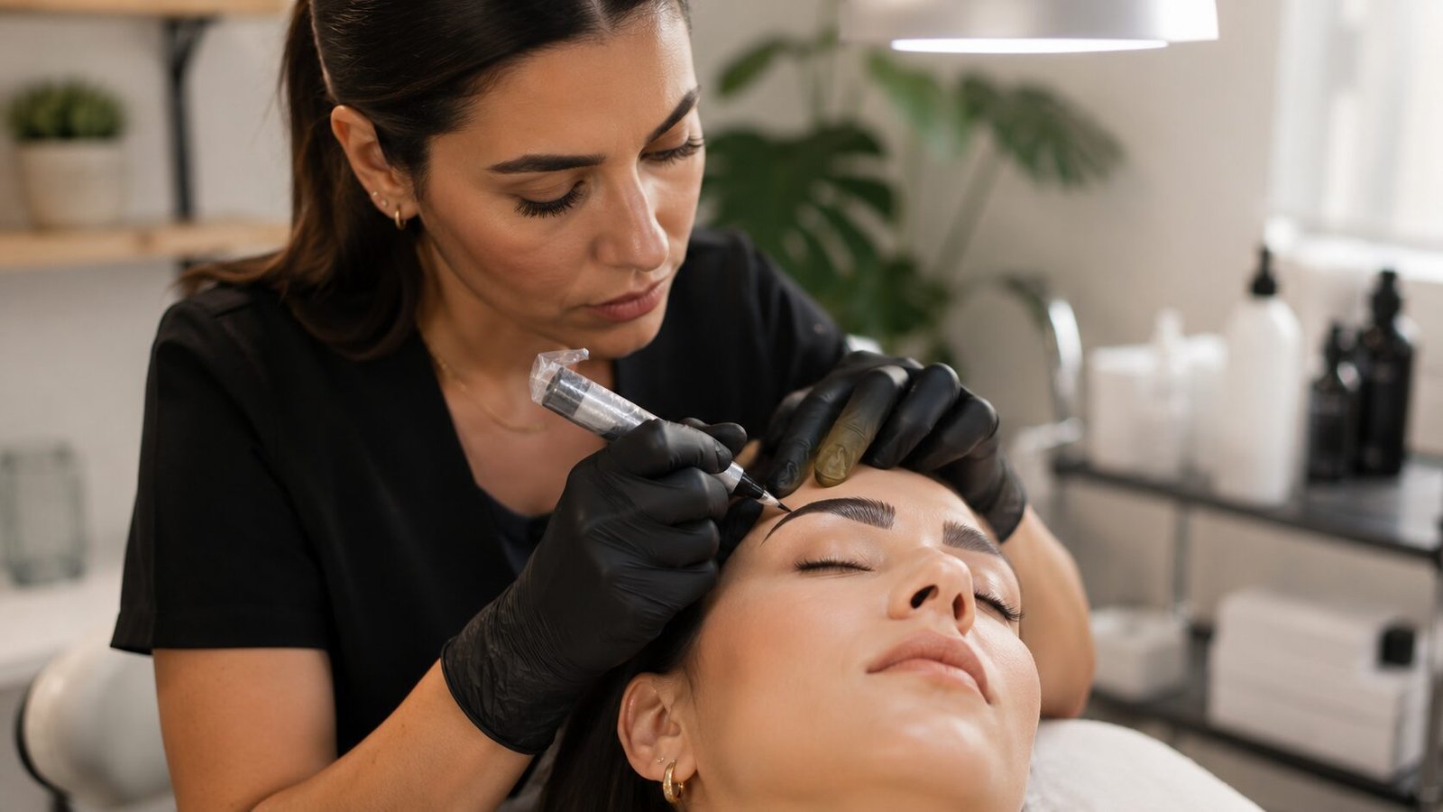 Profissional de micropigmentação realizando procedimento em sobrancelha de cliente em estúdio