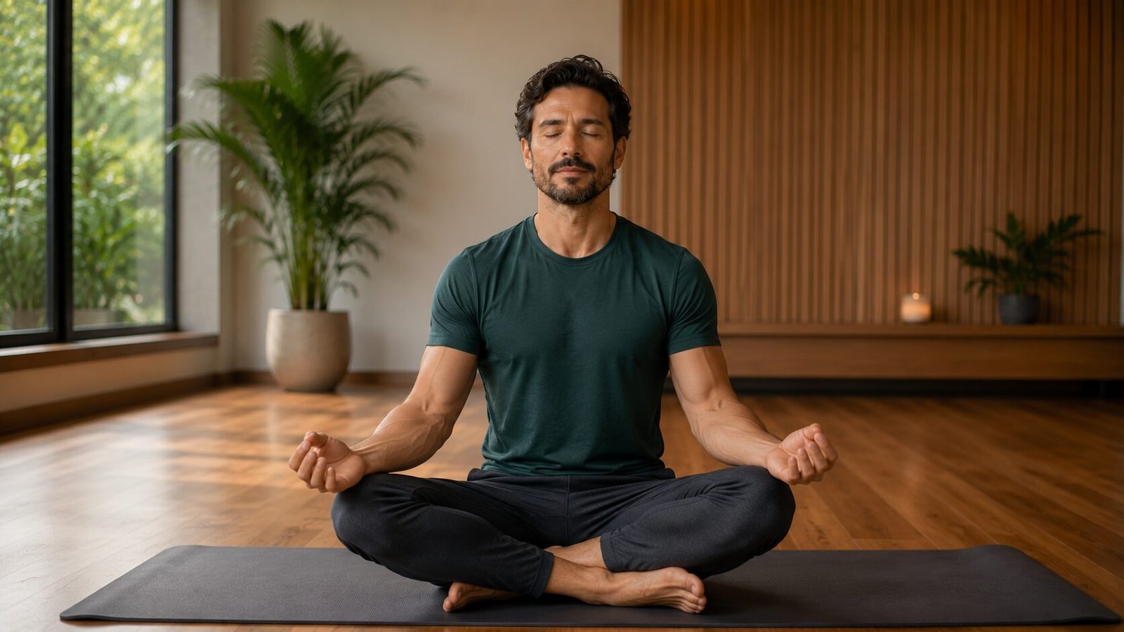 Professor de yoga em postura de meditação em sala ampla e iluminada
