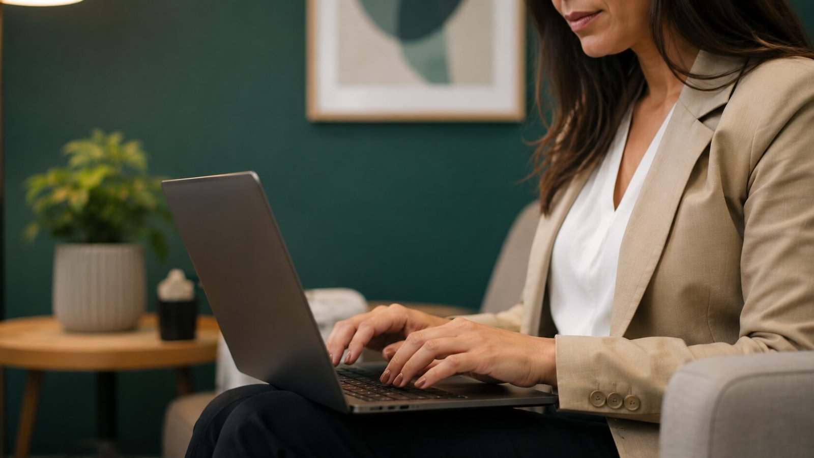 Mãos de psicóloga emitindo nota fiscal no notebook em ambiente discreto e reservado