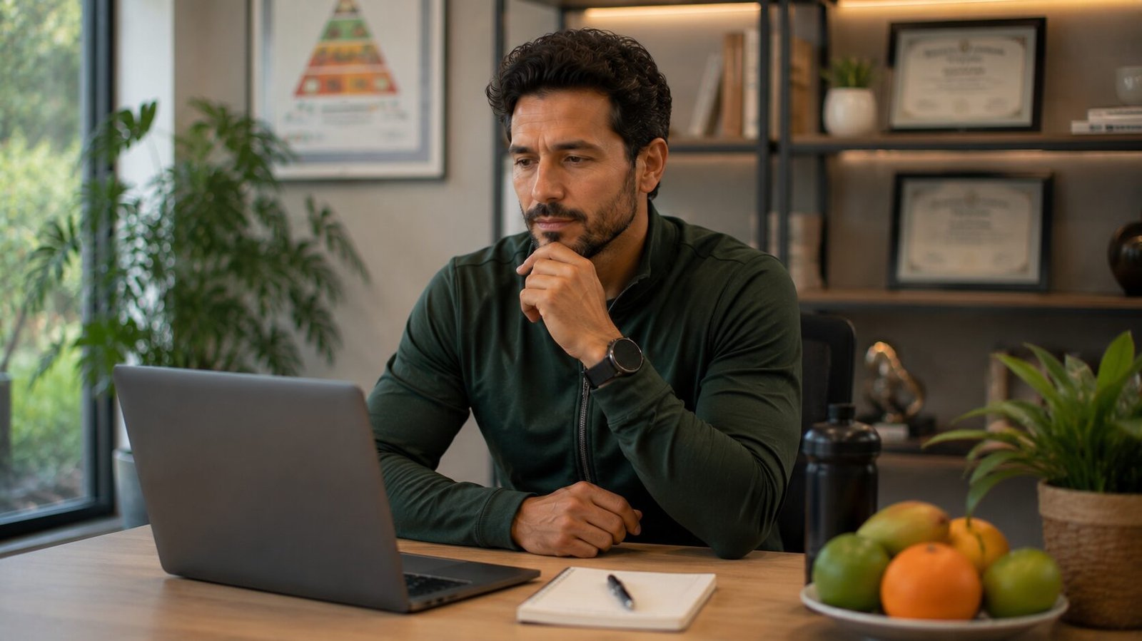 Nutricionista esportivo pensativo diante do notebook, ponderando uma decisão profissional