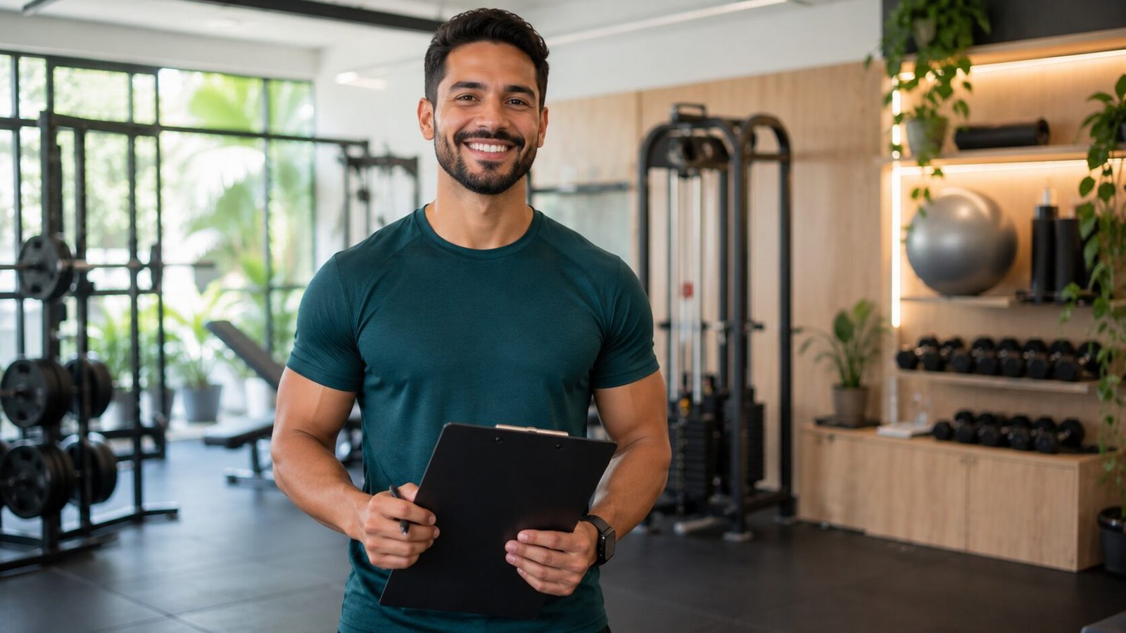 Personal trainer com prancheta planejando treino em academia clara e organizada