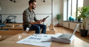 Dono de estúdio de pilates revendo finanças em sala com equipamentos