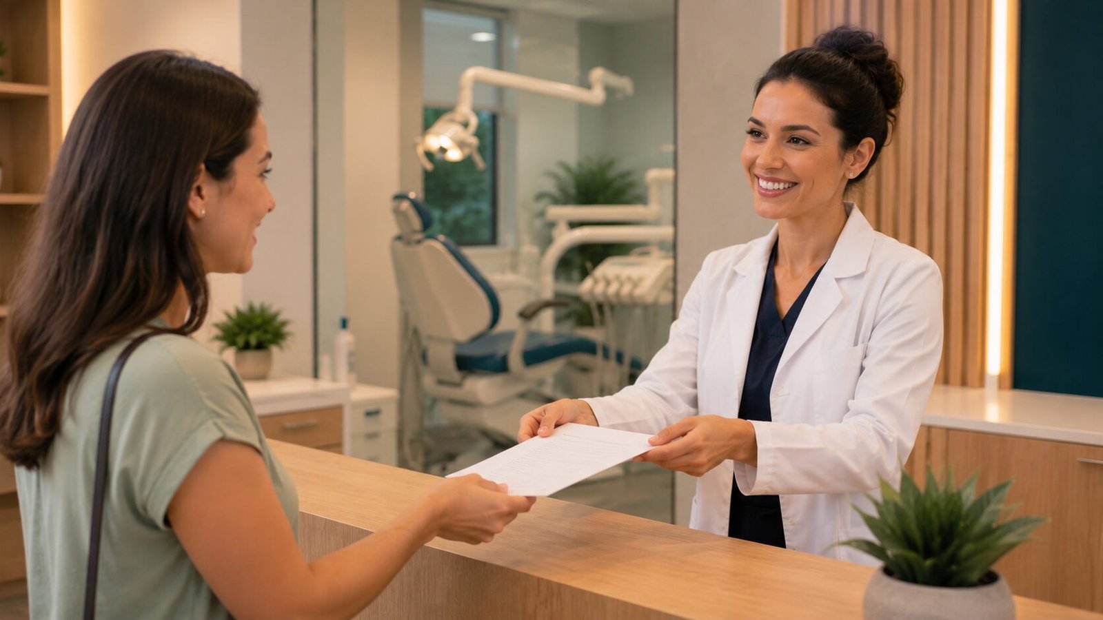 Dentista entregando recibo de atendimento a paciente na recepção do consultório