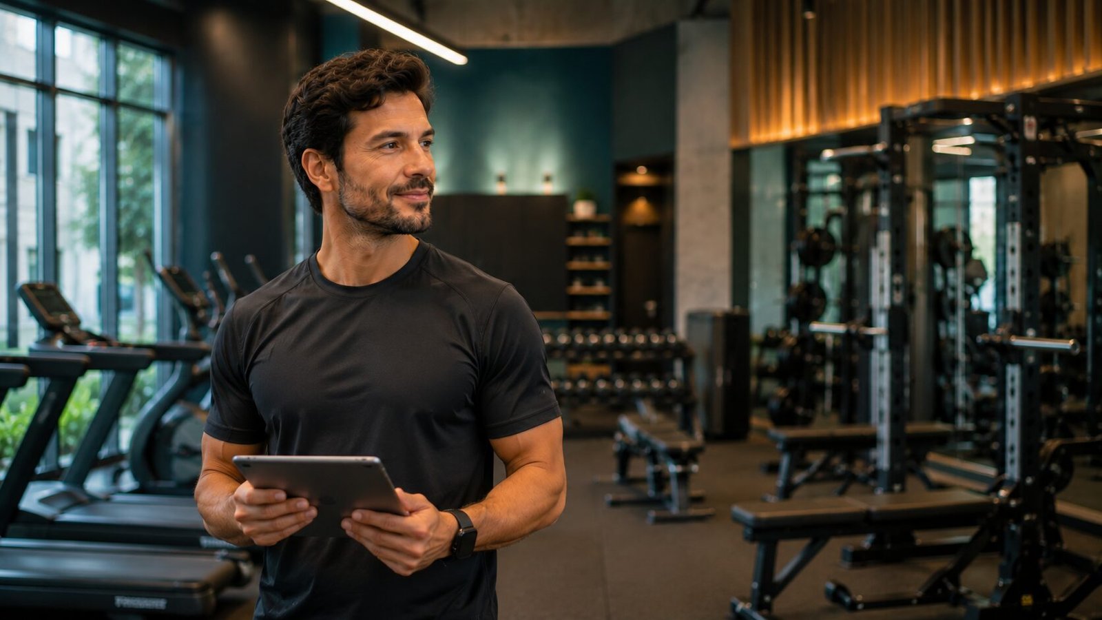 Dono de academia em pé com tablet observando a área de treino organizada do estabelecimento