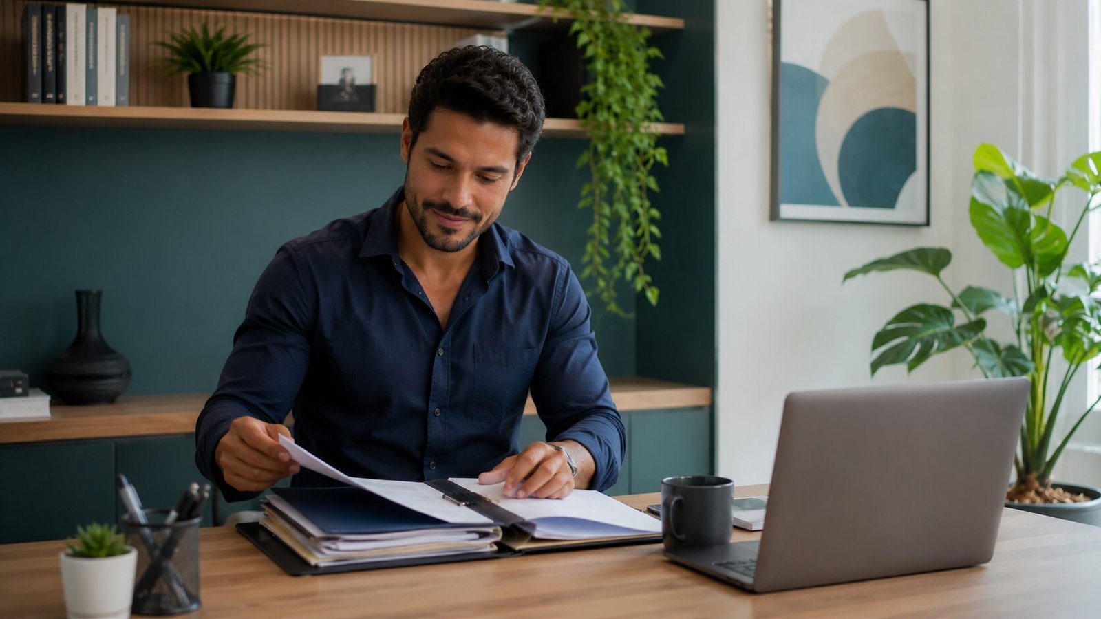Representante comercial autônomo organizando documentos e notebook em home office arrumado