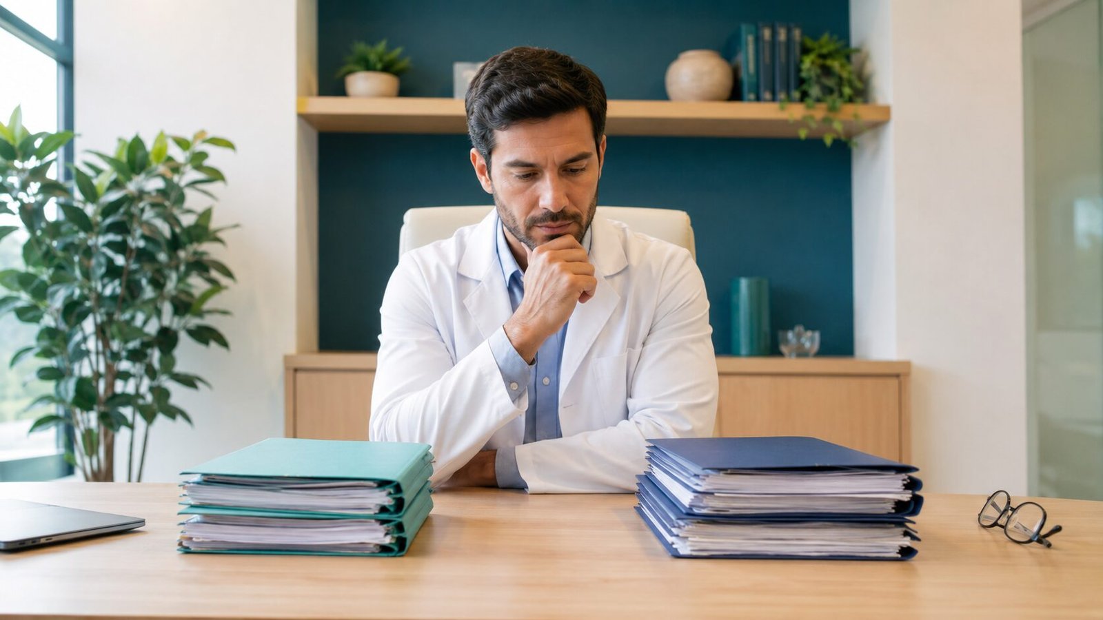 Dentista ponderando entre dois caminhos de regime tributário em sala de reunião