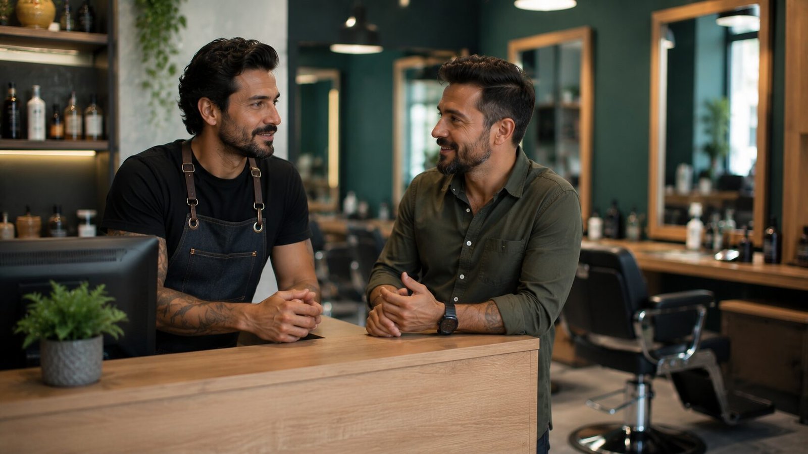 Dois sócios de barbearia conversando lado a lado no balcão de sua barbearia moderna