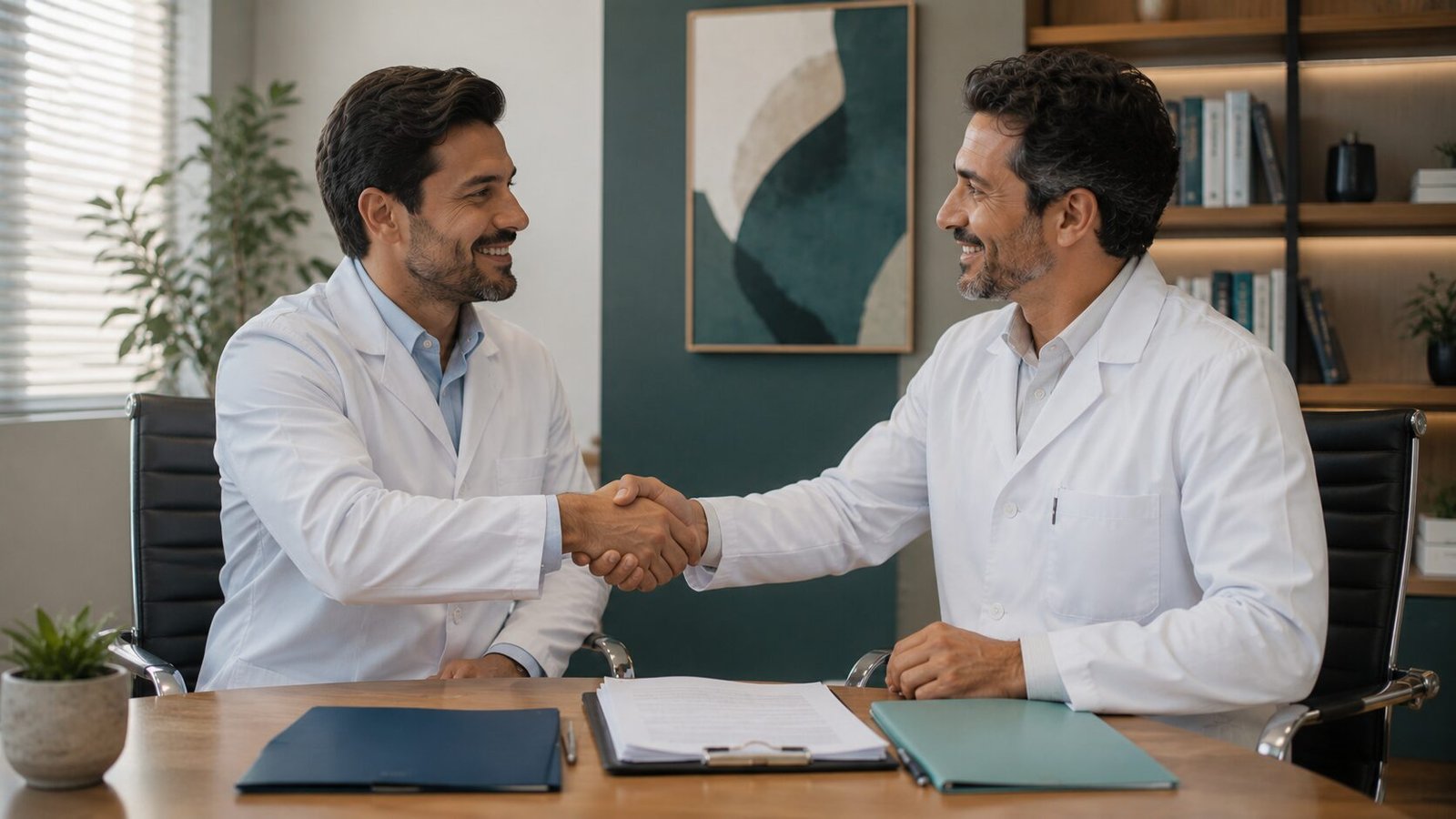 Dois médicos sócios apertando as mãos em reunião sobre a sociedade do consultório
