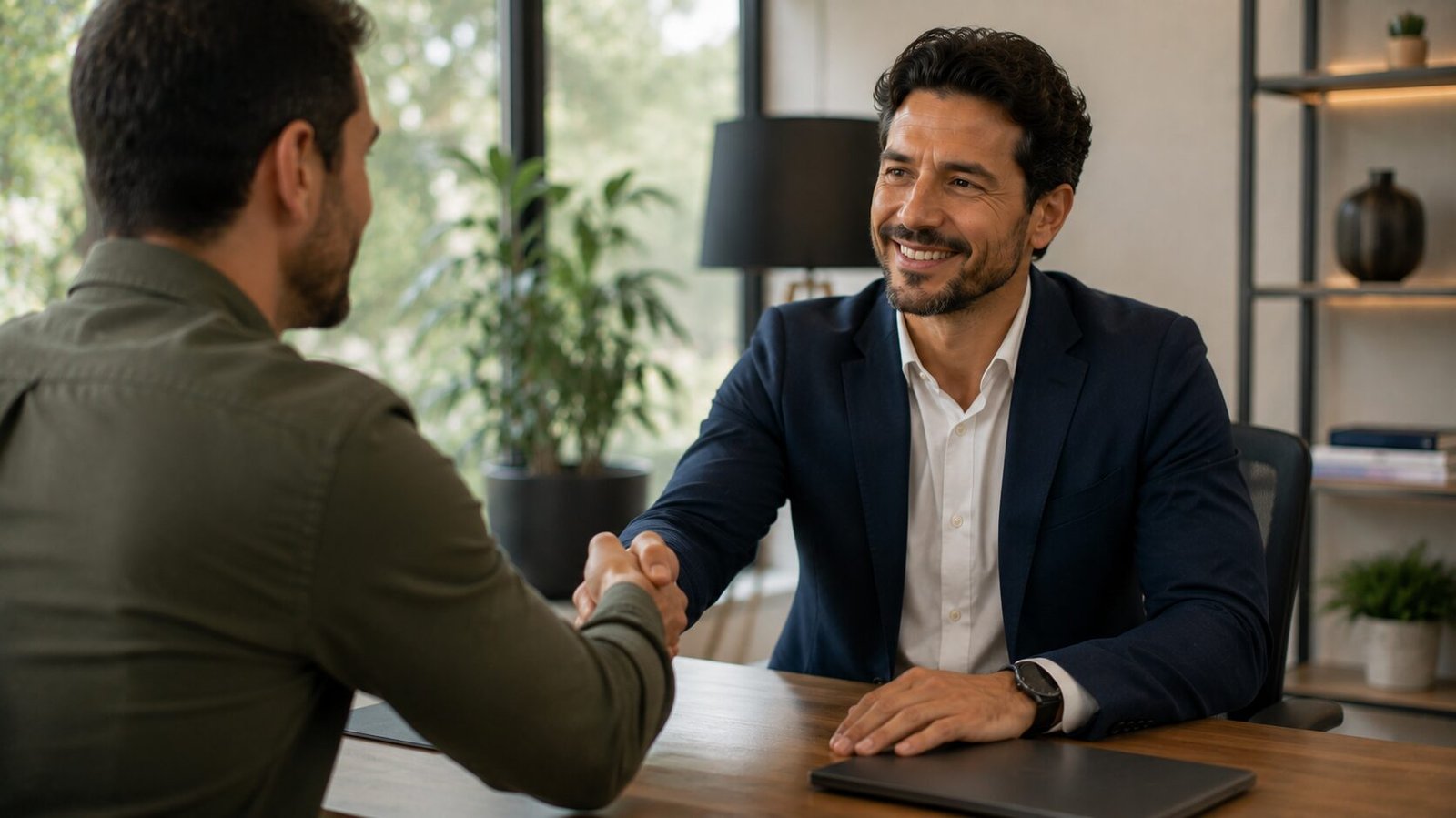 Representante comercial fechando aperto de mãos com cliente após acordo de venda