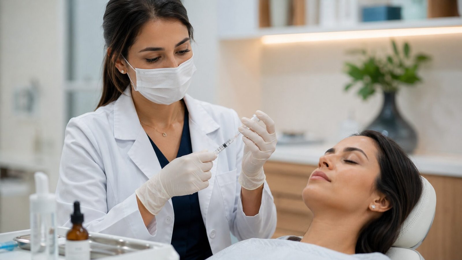 Dentista preparando aplicação de harmonização orofacial em consultório odontológico moderno