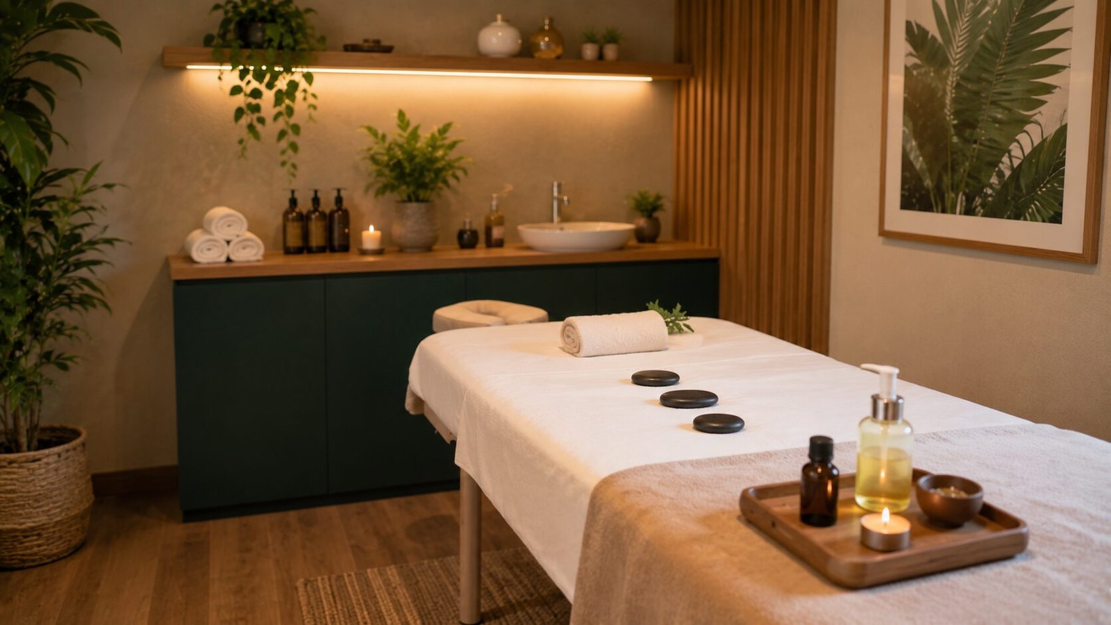 Sala de tratamento de spa com maca preparada, óleos essenciais e pedras quentes