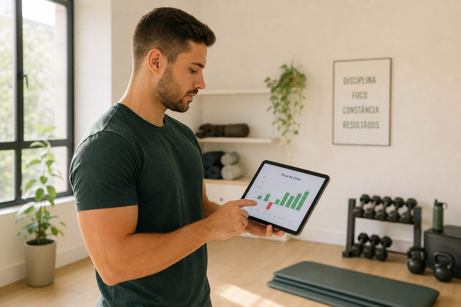 Finanças para personal trainer: profissional em estúdio de treino conferindo o fluxo de caixa do negócio em um tablet