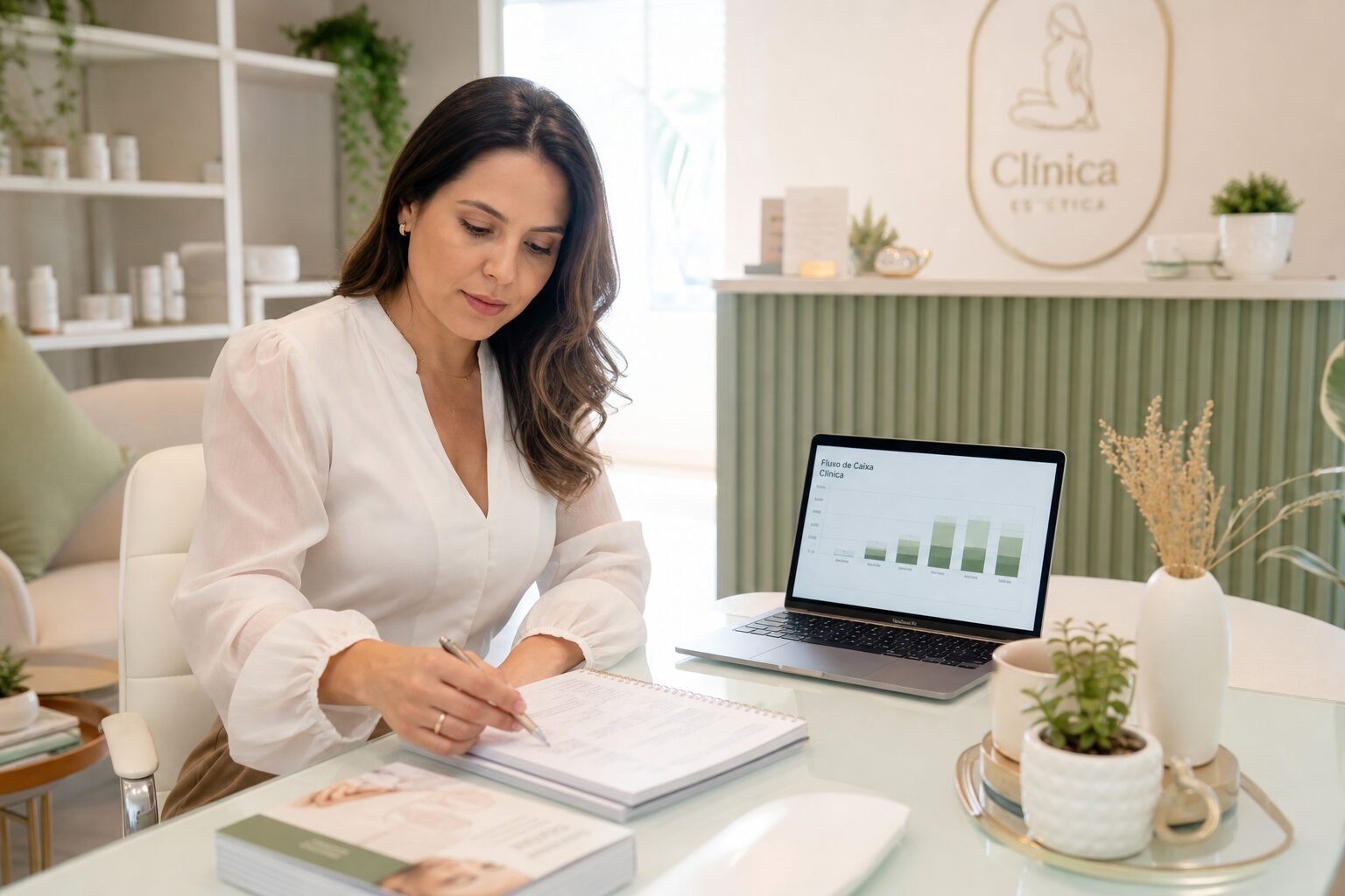 Dona de clínica de estética analisando o capital de giro do negócio em um caderno de contas e notebook