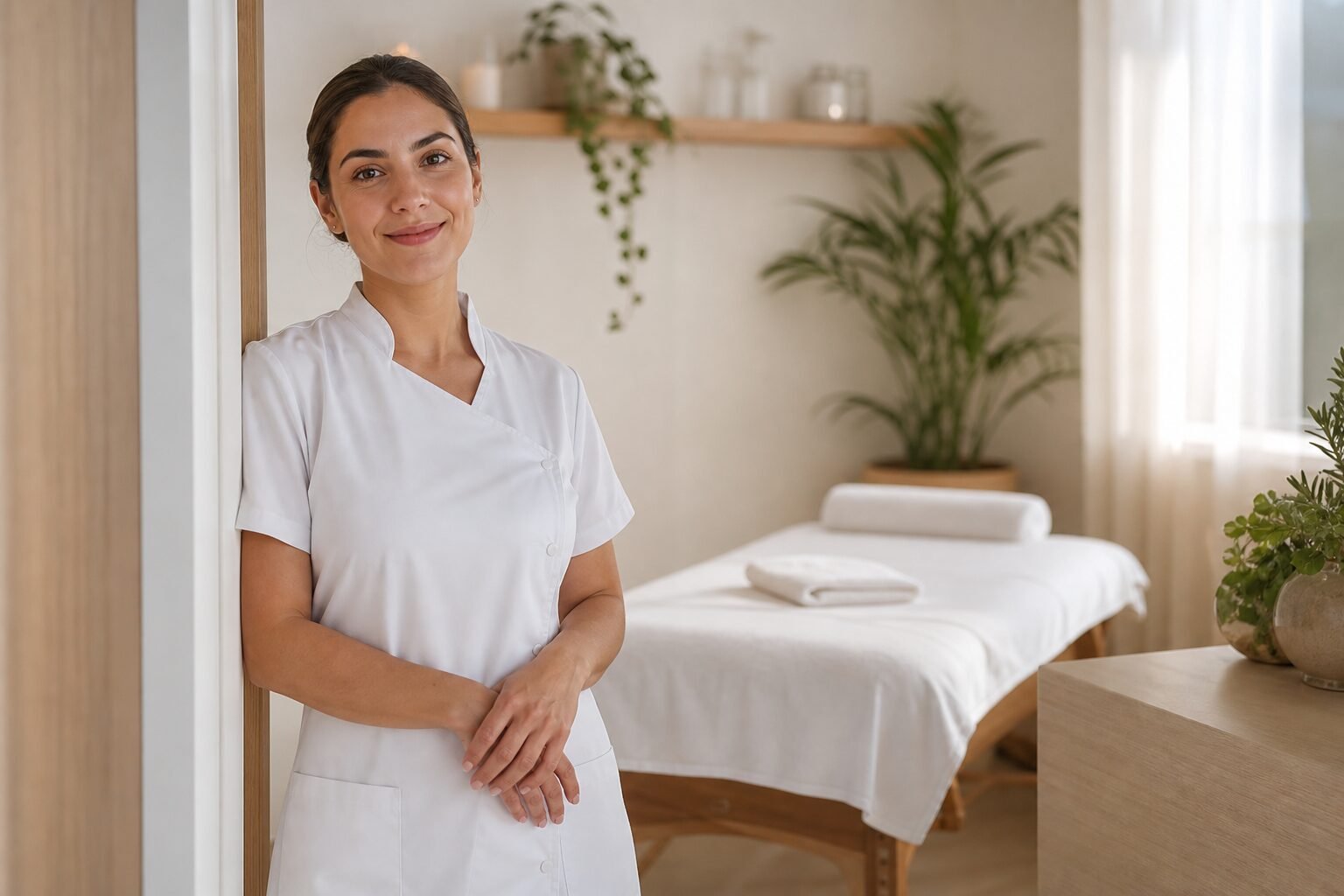 Profissional de spa em uniforme branco em sala de tratamento clara e acolhedora