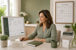 Dona de clínica revisando o sistema de nota fiscal eletrônica no computador da recepção, com calendário de 2026 ao lado, representando a reforma tributária e a nota fiscal em 2026 para clínicas e salões.