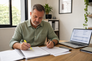Representante comercial revisando cláusulas de um contrato de representação comercial impresso sobre a mesa