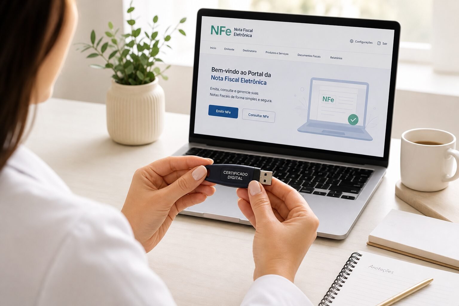 Mãos de profissional de saúde segurando token de certificado digital com tela de nota fiscal eletrônica ao fundo