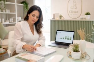 Dona de clínica de estética analisando o capital de giro do negócio em um caderno de contas e notebook
