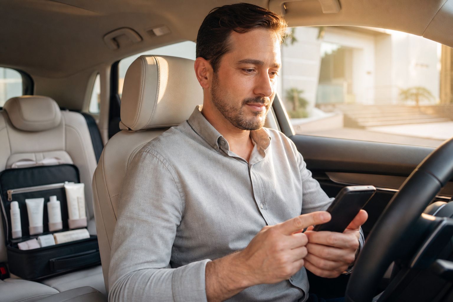 Representante comercial autônomo conferindo no celular as finanças e a comissão variável do mês dentro do carro